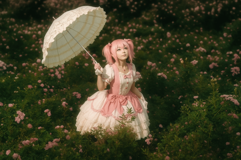 Aesthetic anime-style girl with pink hair and lolita dress holding a parasol in a field of pink flowers