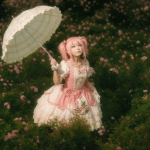 Aesthetic anime-style girl with pink hair and lolita dress holding a parasol in a field of pink flowers