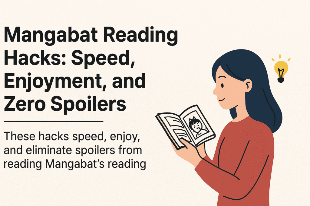 A digital illustration showing a manga reader enjoying Mangabat with speed, fun, and no spoilers.