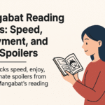 A digital illustration showing a manga reader enjoying Mangabat with speed, fun, and no spoilers.