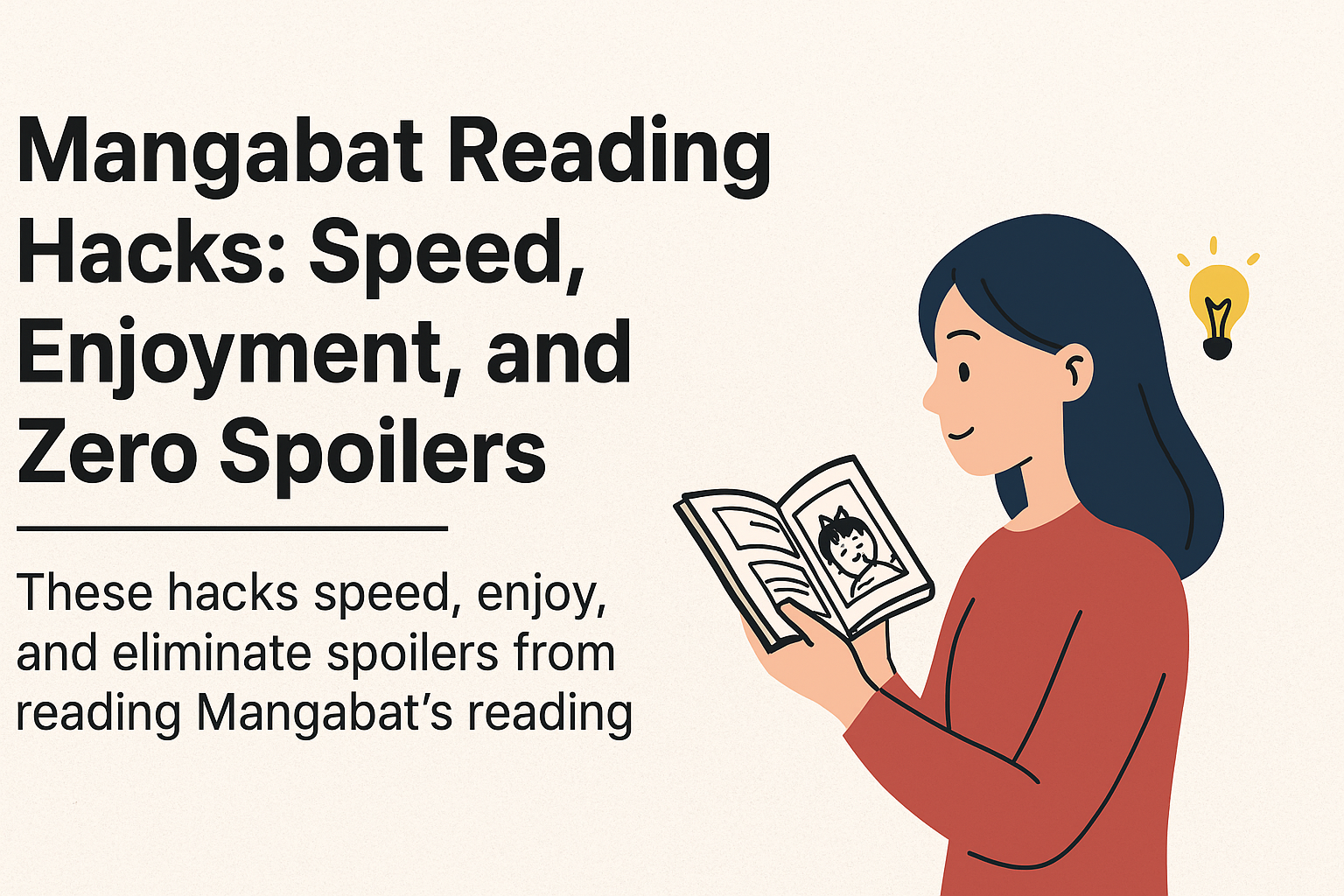 A digital illustration showing a manga reader enjoying Mangabat with speed, fun, and no spoilers.