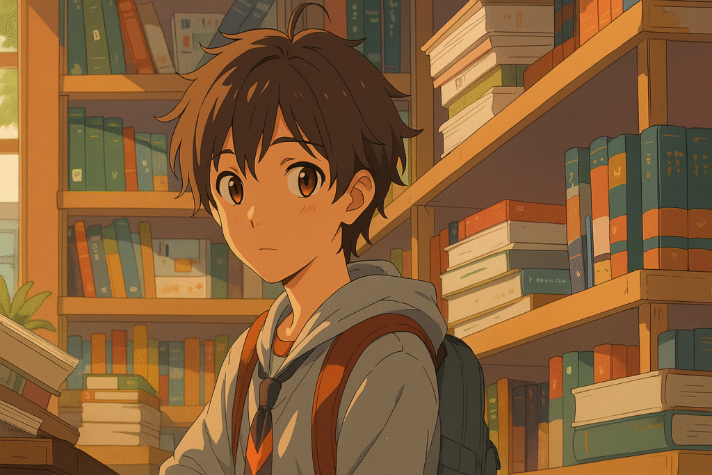Anime-style boy in a library surrounded by books, symbolizing the shift from traditional manga to digital reading on Mangabat