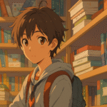 Anime-style boy in a library surrounded by books, symbolizing the shift from traditional manga to digital reading on Mangabat