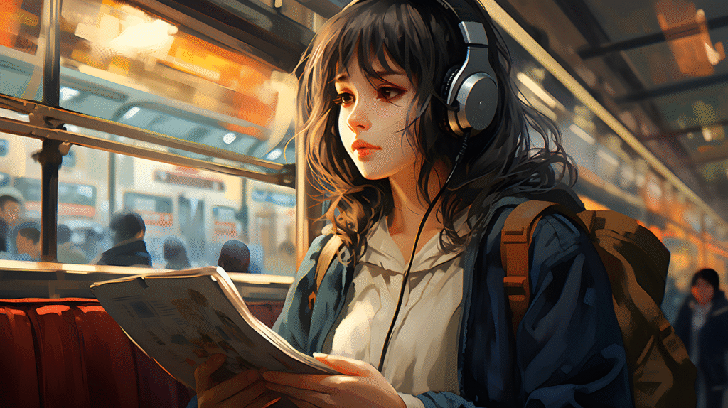 Anime girl reading manga on train with headphones – aesthetic illustration for must-watch anime series 2025.