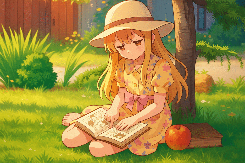 Anime girl reading manga under tree - Mangabat plot twists article