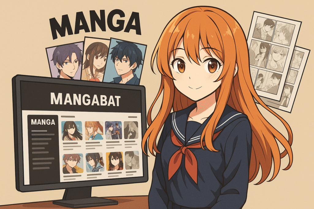 Anime-style girl standing beside a computer screen showing the Mangabat manga website interface with popular manga thumbnails.