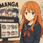 Anime-style girl standing beside a computer screen showing the Mangabat manga website interface with popular manga thumbnails.