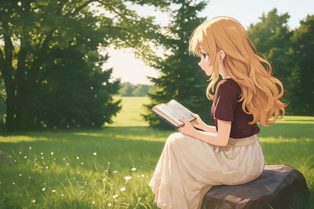 Anime-style girl reading a manga book outdoors in a sunny green park, inspired by Mangabat stories.