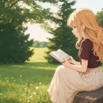 Anime-style girl reading a manga book outdoors in a sunny green park, inspired by Mangabat stories.