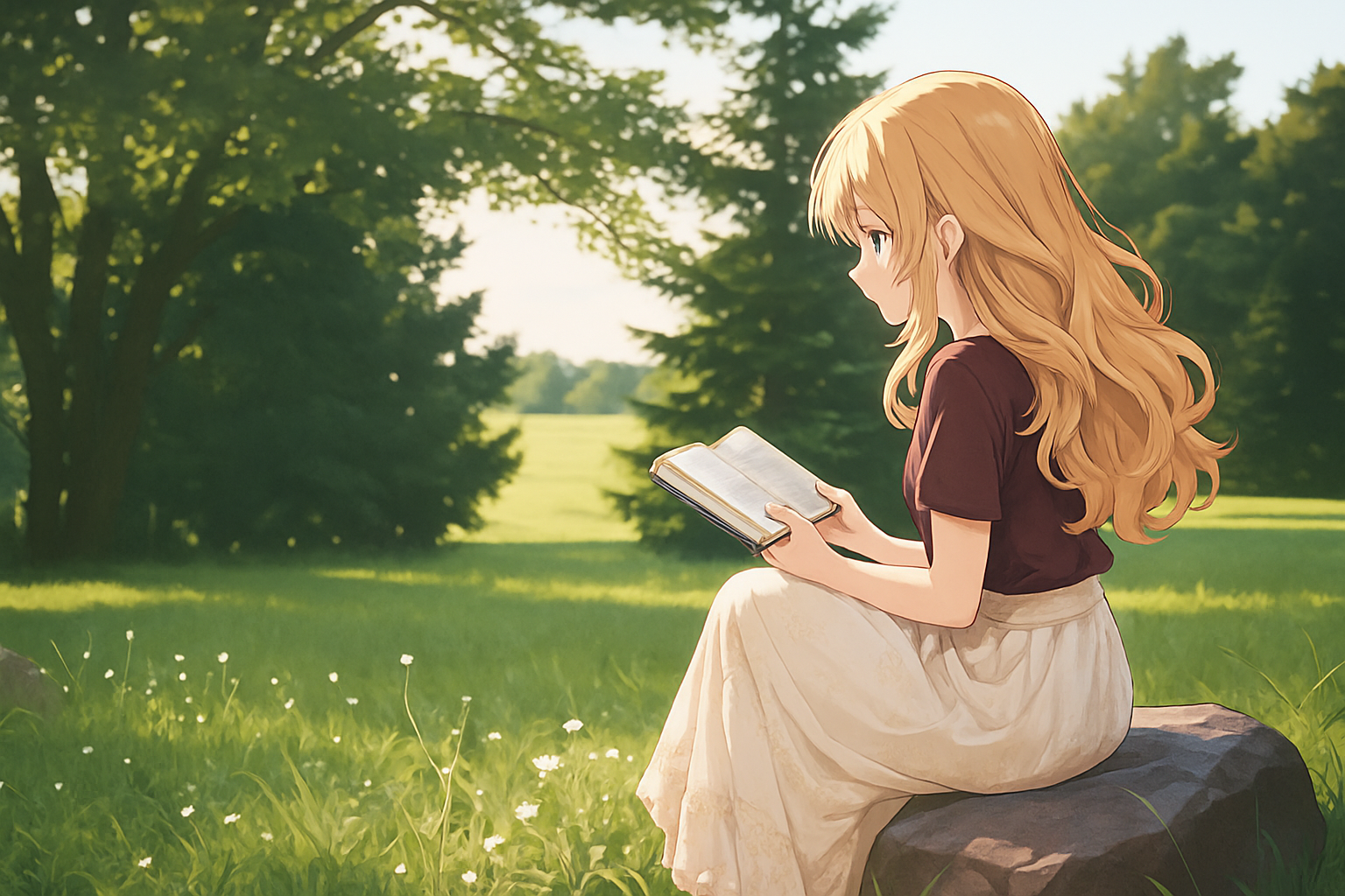 Anime-style girl reading a manga book outdoors in a sunny green park, inspired by Mangabat stories.