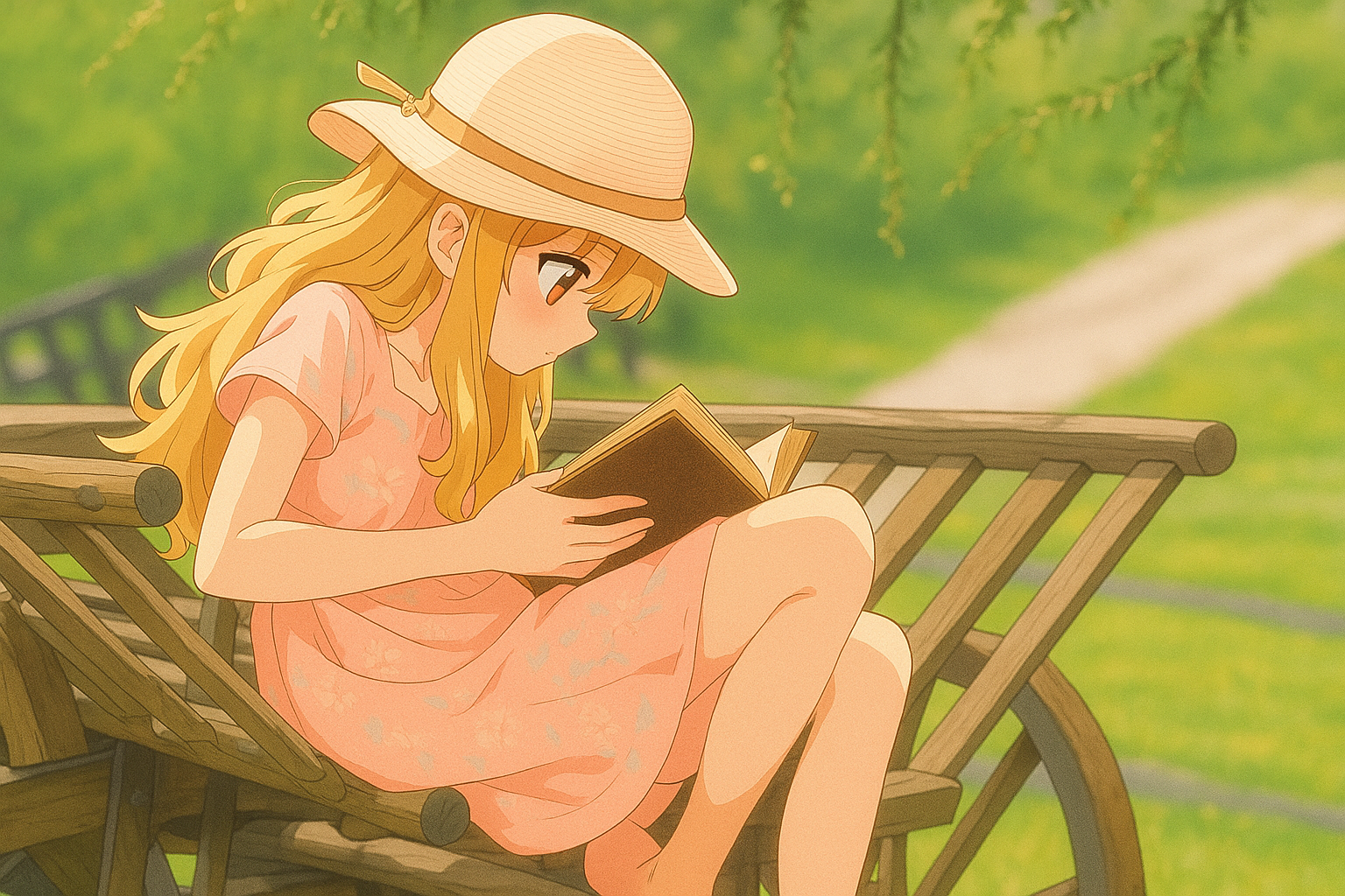 Anime-style girl reading a manga book on a bench in a peaceful garden, representing Mangabat's hidden gems and underrated manga stories