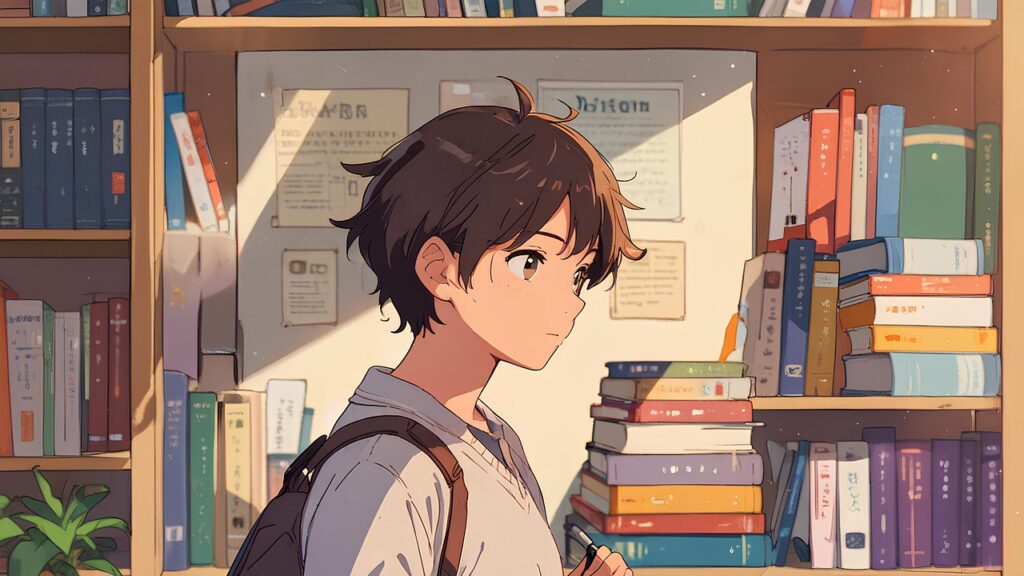 Anime style boy standing in a library surrounded by books, symbolizing manga reading and study vibes.