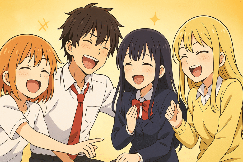 Anime-style illustration of four friends laughing joyfully, representing comedy anime in 2025.