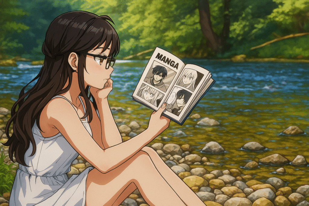 Anime-style girl reading a manga book while sitting near a peaceful river with trees in the background.