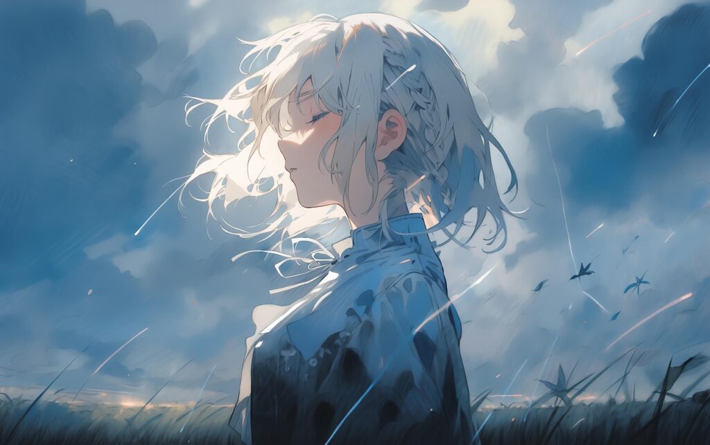 Anime-style illustration of a girl in a calm field, perfect for representing manga adaptations in 2025.
