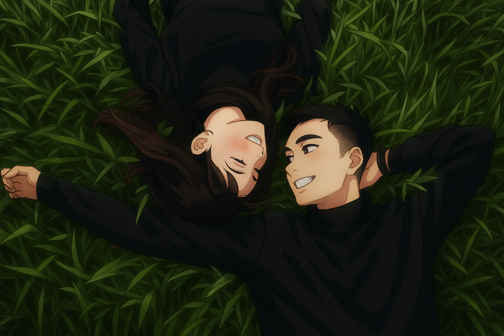 Anime-style couple lying on grass, smiling and looking at each other – symbolizing romance anime 2025.