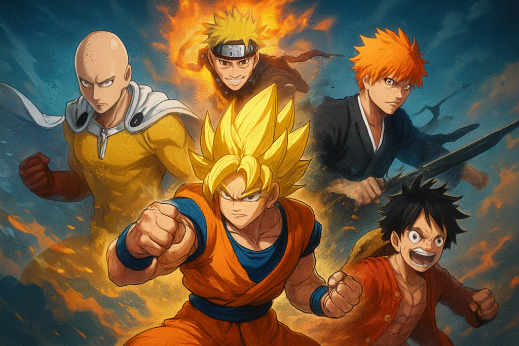 Anime-style illustration of Goku, Saitama, Naruto, Luffy, and Ichigo representing the strongest anime protagonists in 2025 power rankings