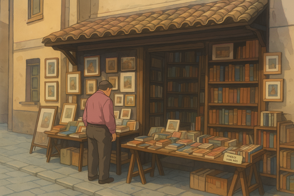 Anime-style bookstore illustration with fantasy books and artwork, representing isekai anime worlds
