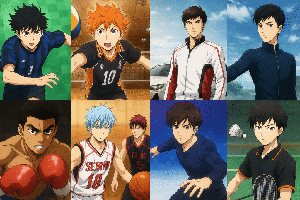 Collage of top sports anime characters from Blue Lock, Haikyuu, MF Ghost, Hajime no Ippo, Kuroko’s Basketball, Free!, Yuri on Ice, and Ace of Diamond – best sports anime 2025