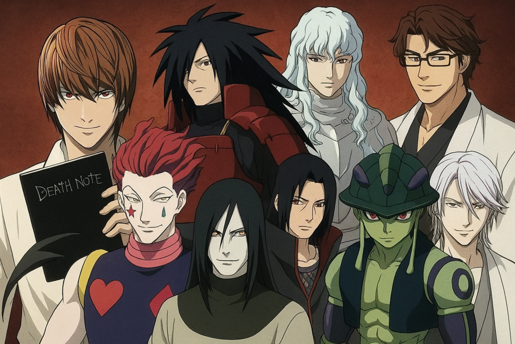 Anime villains collage featuring Light Yagami, Madara Uchiha, Hisoka Morow, Griffith, Orochimaru, Itachi Uchiha, Dio Brando, Aizen, Meruem, and Shogo Makishima.