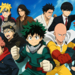 A dynamic anime-style illustration featuring popular shonen characters like Deku, Asta, Boruto, Tanjiro, and Saitama in action poses against a blue sky.