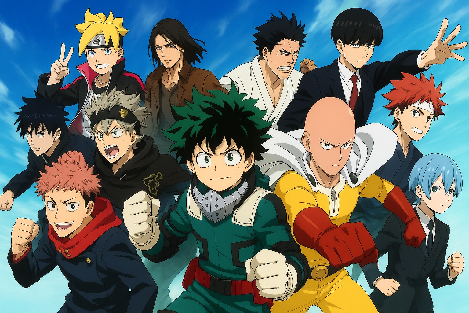 A dynamic anime-style illustration featuring popular shonen characters like Deku, Asta, Boruto, Tanjiro, and Saitama in action poses against a blue sky.