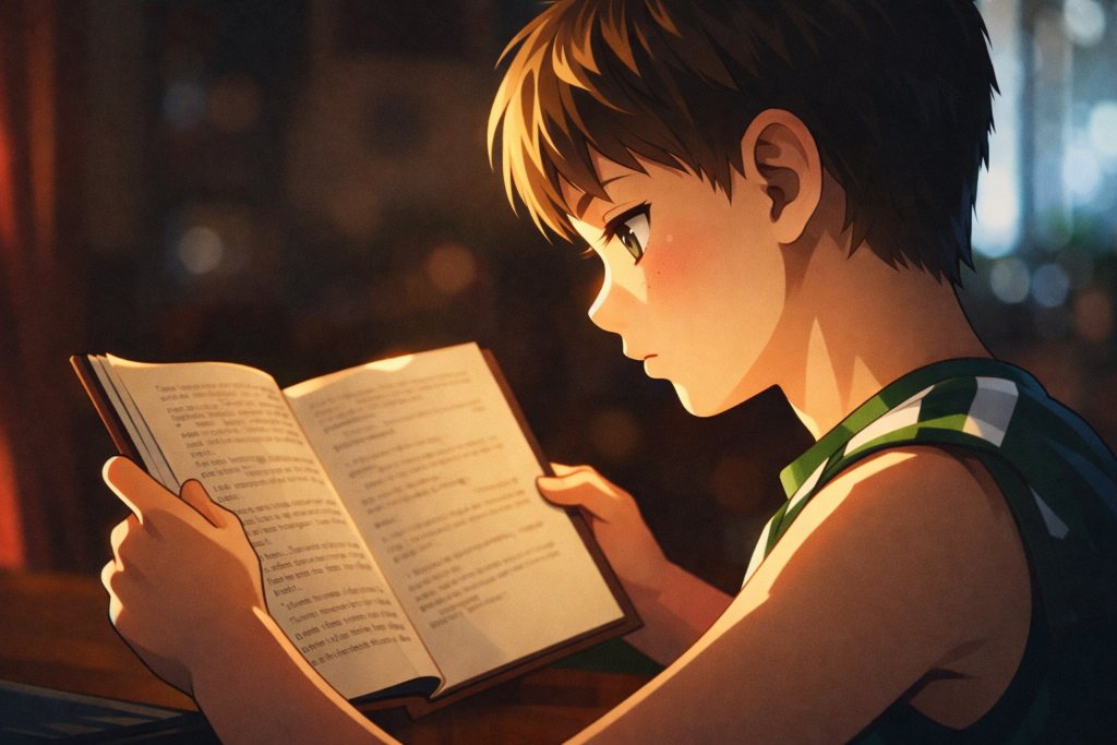 Emotional anime style boy reading a book in dim light representing sadness and deep feelings in emotional anime stories