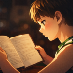 Emotional anime style boy reading a book in dim light representing sadness and deep feelings in emotional anime stories